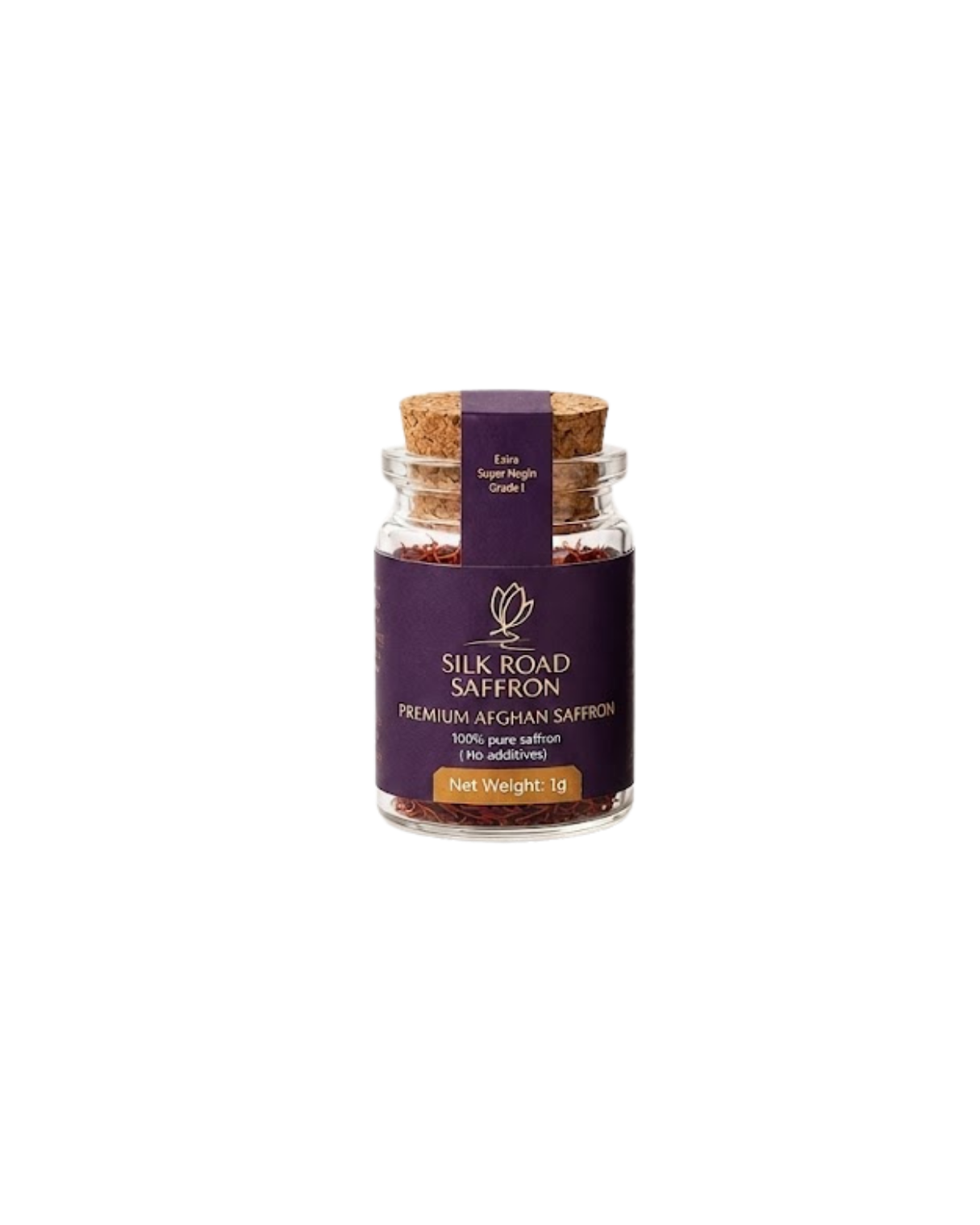A glass jar of Silk Road Saffron with a cork stopper and a purple label, containing red saffron threads, on a white background.