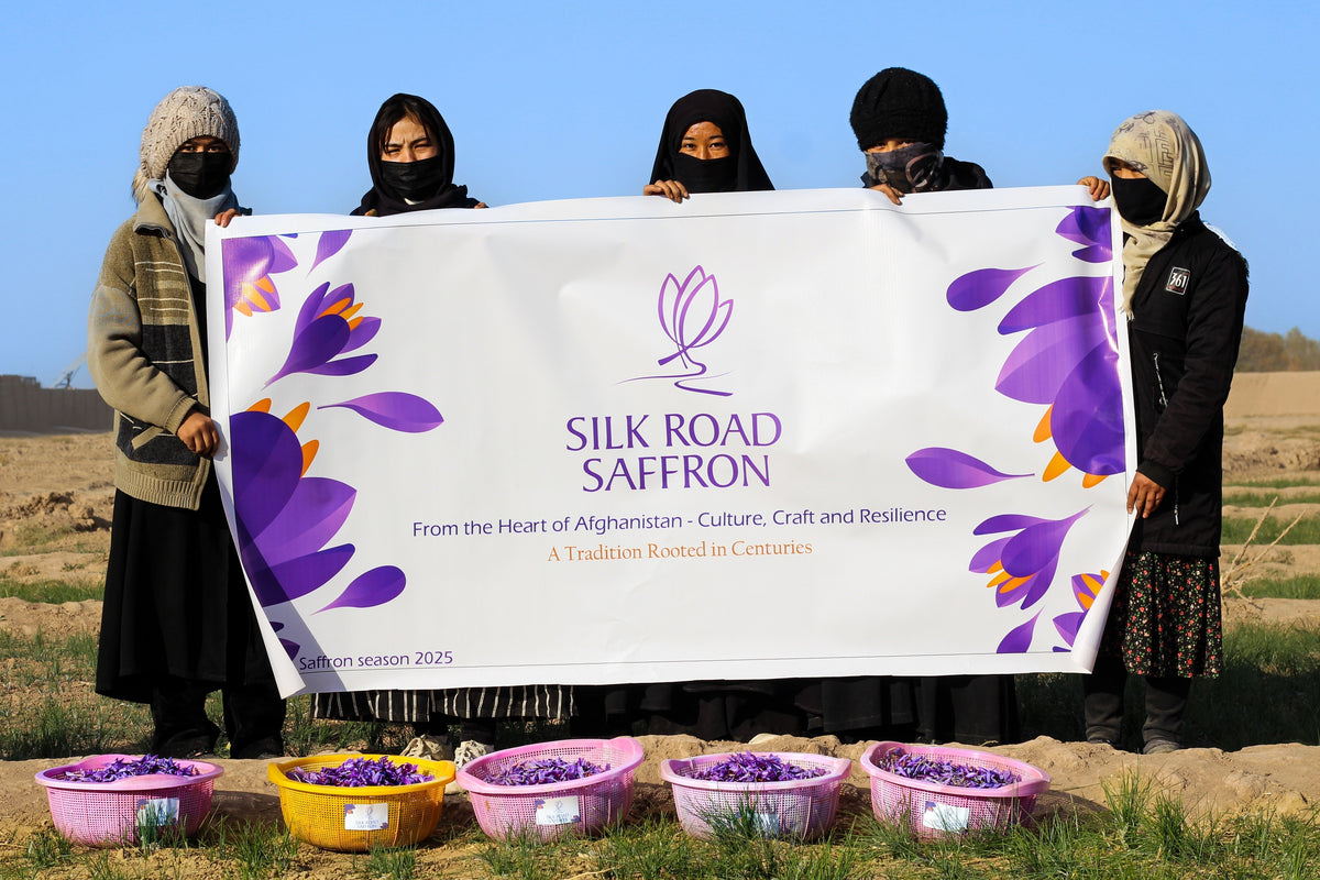 Afghan women saffron farmers holding Silk Road Saffron banner during harvest season