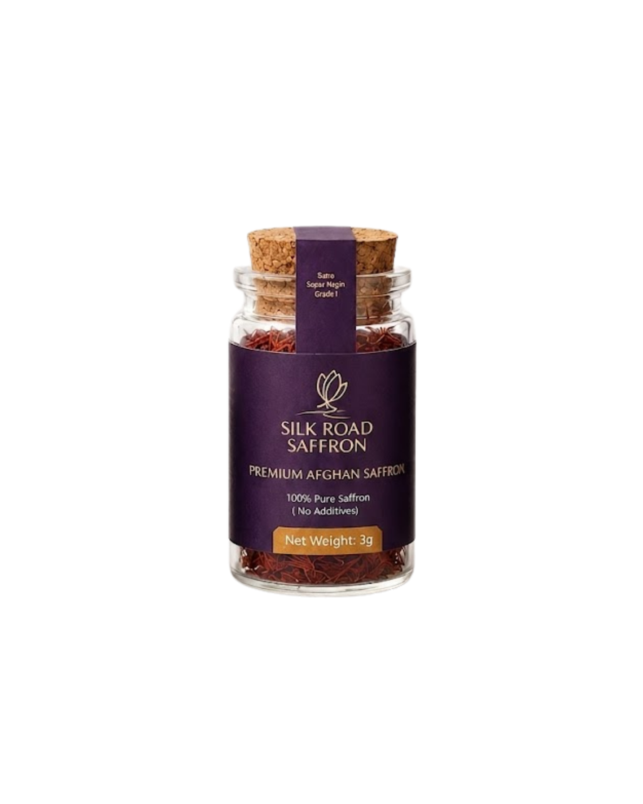 Silk Road Saffron 3g glass jar with premium Afghan saffron threads on a white background.
