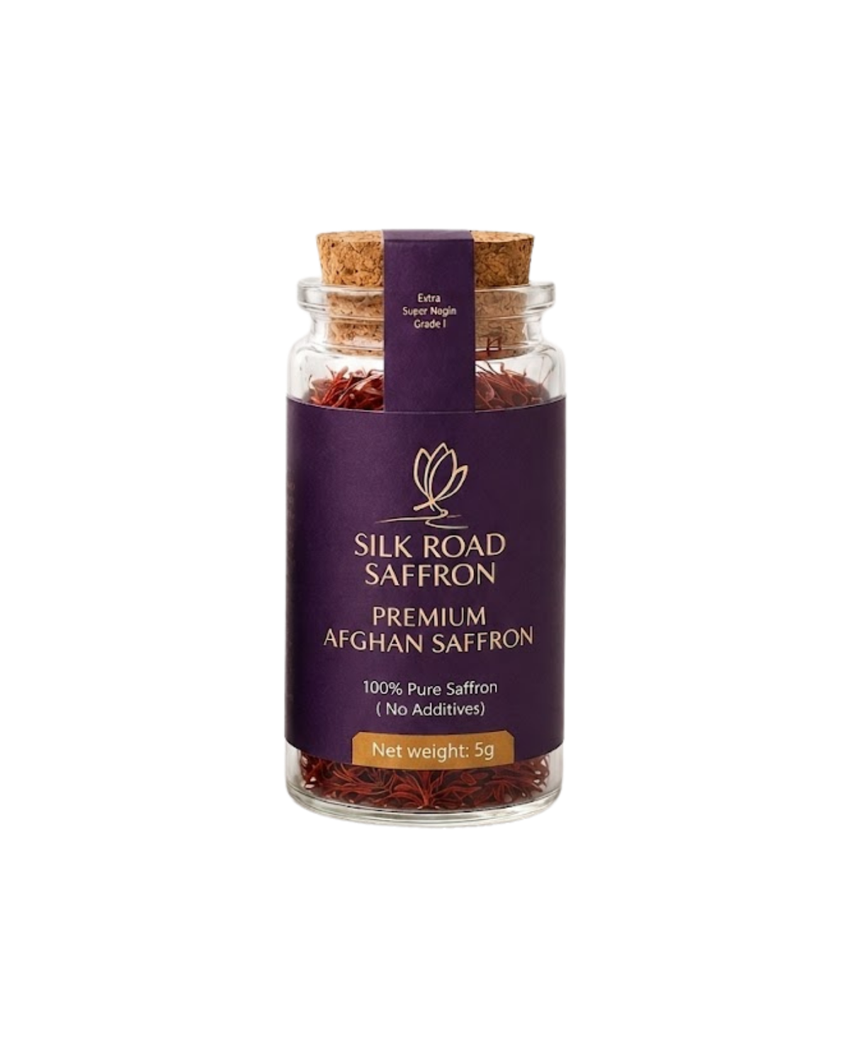 A 5g glass jar of Silk Road Saffron with a dark purple label and cork stopper, containing red saffron threads, on a white background.