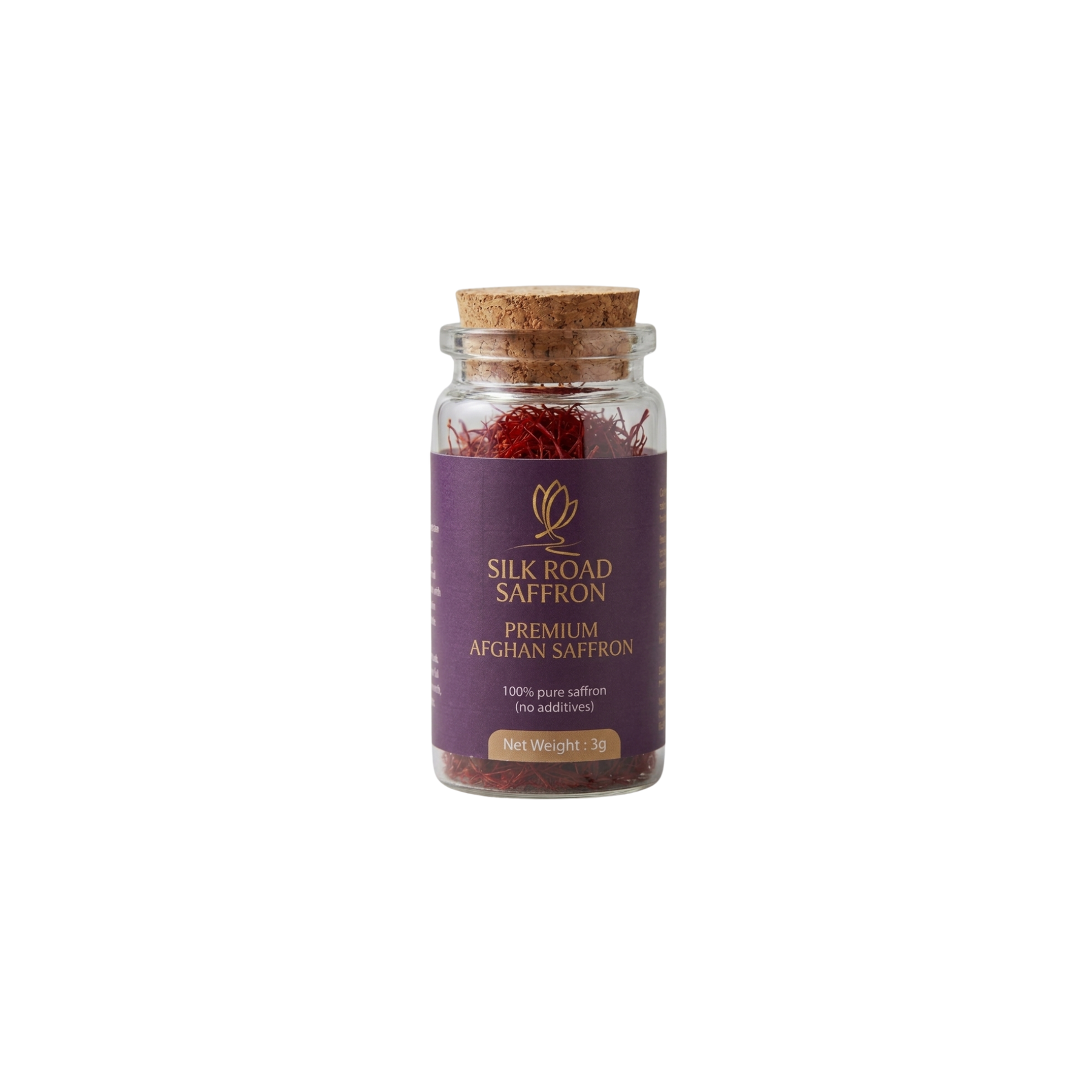 Silk Road Saffron 3g glass jar with premium Afghan saffron threads on a white background.