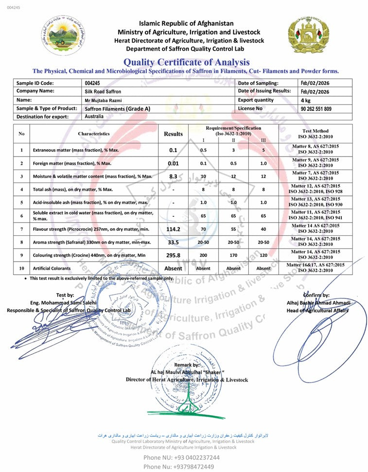 Quality Certificate of Analysis for Silk Road Saffron sample 004245, issued in Herat on 2 February 2026