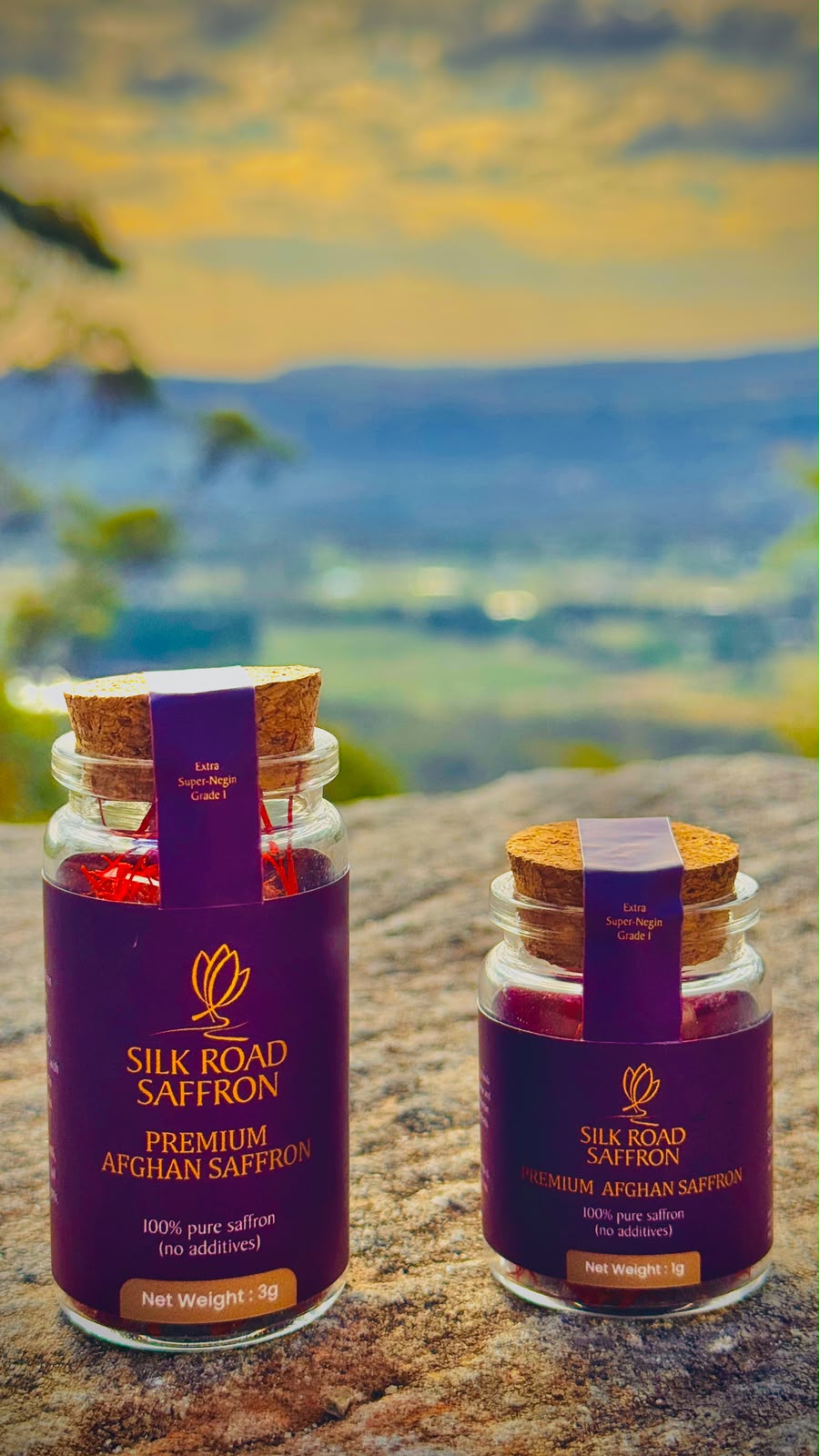 Silk Road Saffron 3 g and 1 g glass jars photographed in Afghanistan